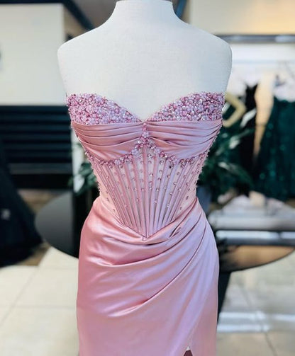 Robe de bal sirène rose à décolleté cœur et fente, inspiration pour adolescentes, tenue de soirée, robe de bal AB064