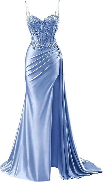 Robe de bal sirène modeste à bretelles spaghetti bordeaux fendue en dentelle, robe longue de soirée, tenue d'anniversaire, robe de remise de diplôme pour adolescentes RB1168