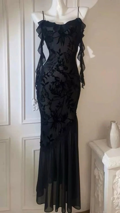 Robe de bal sirène vintage à bretelles spaghetti en dentelle noire, tenue de soirée pour 18e anniversaire, RA076
