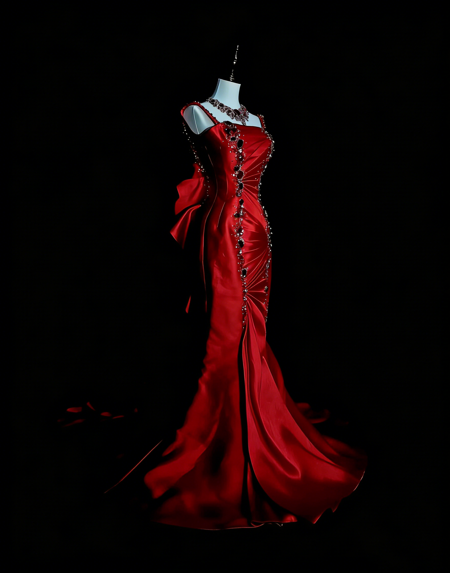 Robe de bal longue rouge vintage sirène à fines bretelles et perles, sans manches, style années 80, référence N1476