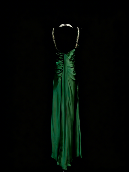 Vintage A Line V Neck Dark Green Satin Senior 80s Prom Dresses High School Long Formal Dress N1329