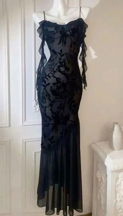 Robe de bal sirène vintage à bretelles spaghetti en dentelle noire, tenue de soirée pour 18e anniversaire, RA076