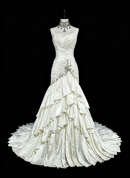 Unique Wedding Dresses Mermaid Sweetheart Satin Layers Tiered Sleeveless White Long Brides Dress N3513