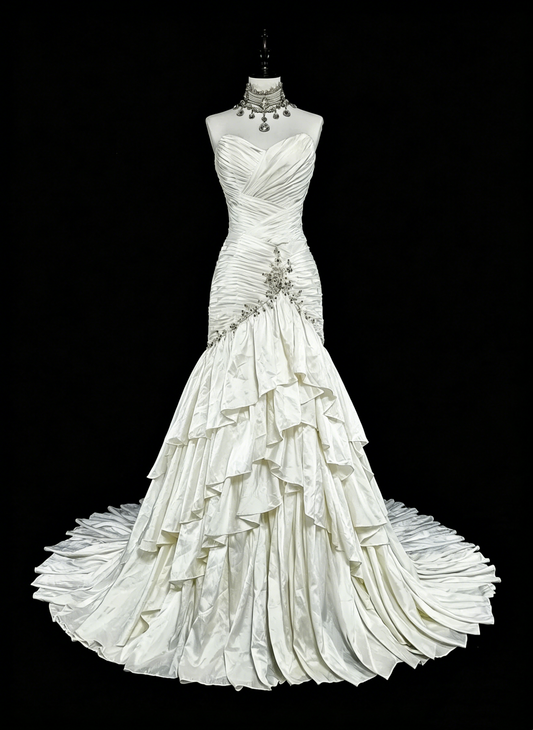 Unique Wedding Dresses Mermaid Sweetheart Satin Layers Tiered Sleeveless White Long Brides Dress N3513