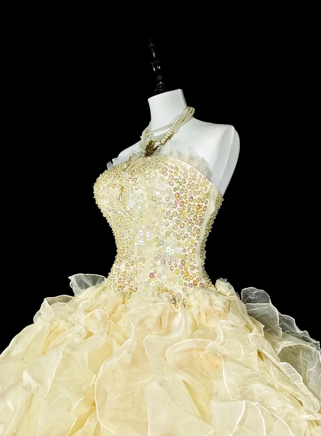 Princess Ball Gown Strapless Yellow Ruffled Layers Tiered Sweet 16 Dresses Quinceanera Dress N3418