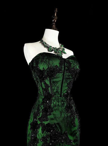 Robe de bal longue vintage années 1760, style sirène, bustier vert avec appliques noires N1606