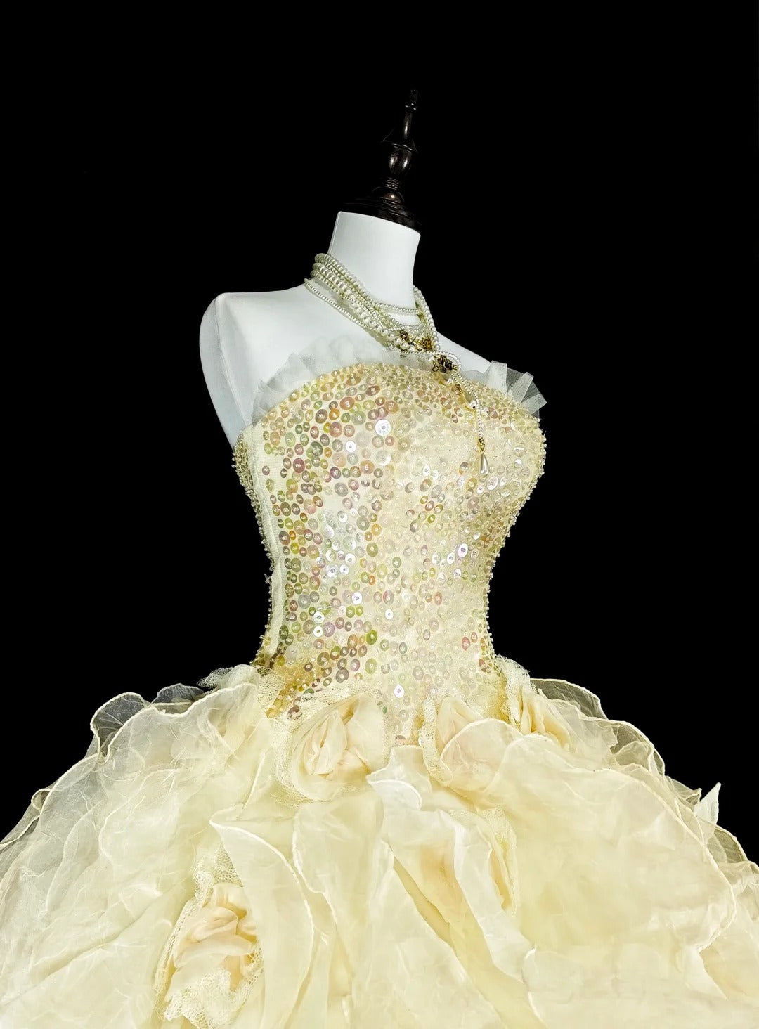 Princess Ball Gown Strapless Yellow Ruffled Layers Tiered Sweet 16 Dresses Quinceanera Dress N3418