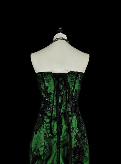 Robe de bal longue vintage années 1760, style sirène, bustier vert avec appliques noires N1606