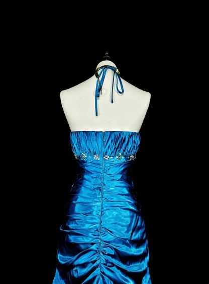 Robes de bal vintage Sirène Halter Satin Bleu Perlé Longue Robe de soirée N2378
