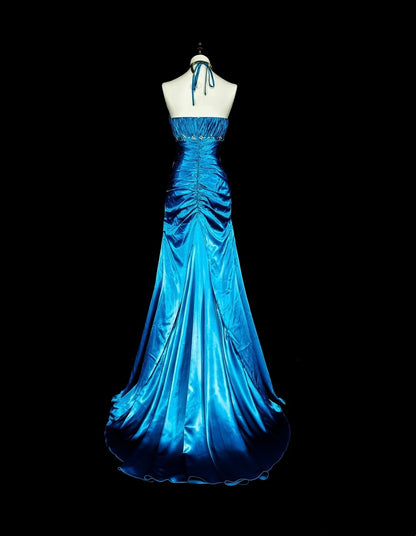 Robes de bal vintage Sirène Halter Satin Bleu Perlé Longue Robe de soirée N2378