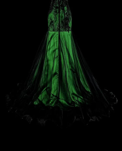 Robe de bal longue vintage années 1760, style sirène, bustier vert avec appliques noires N1606