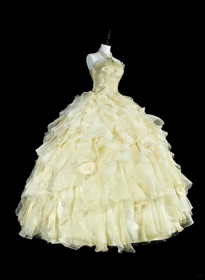 Princess Ball Gown Strapless Yellow Ruffled Layers Tiered Sweet 16 Dresses Quinceanera Dress N3418