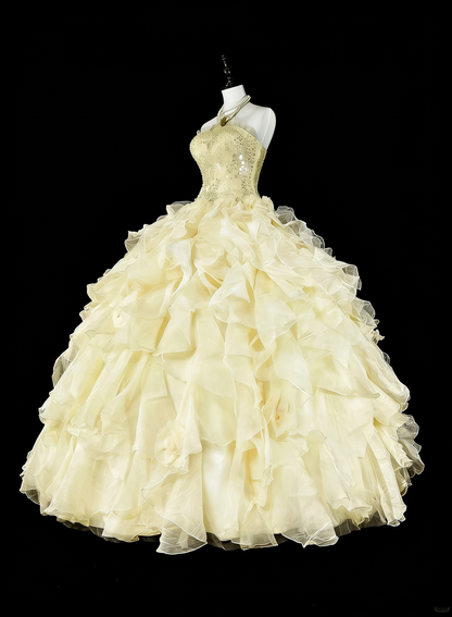 Princess Ball Gown Strapless Yellow Ruffled Layers Tiered Sweet 16 Dresses Quinceanera Dress N3418