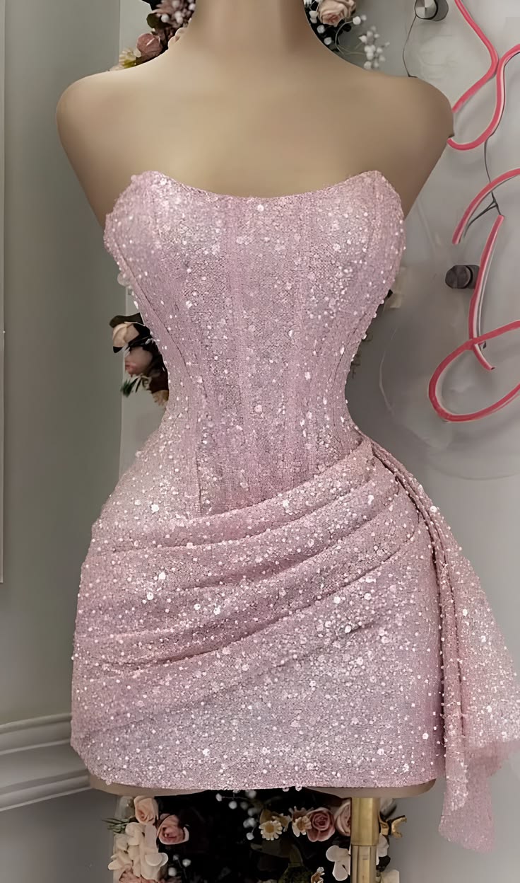 Glitter Sheath Strapless Pink Sequin Graduation Gown Mini Senior Inspo Short Homecoming Dress RB3162