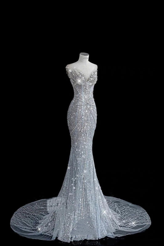 Elegantes Meerjungfrauen-Abendkleid mit Herzausschnitt, silber-grauen Pailletten, langes Ballkleid, Partykleid AB2168