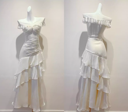 Robe de bal longue blanche élégante à épaules dénudées, style sirène, idéale pour une soirée d'anniversaire ou une fête de 16 ans (AB2504)