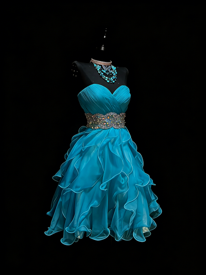 Robe de bal mignonne à décolleté cœur bleu à volants, courte, tenue de bal de fin d'année, robe de cocktail pour le collège, N1194