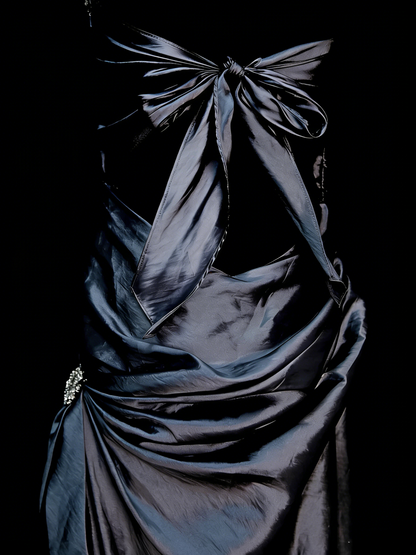Robe de soirée sirène longue en satin gris avec col en V et dos nu, style rétro des années 60, pour bal de promo, modèle N2138