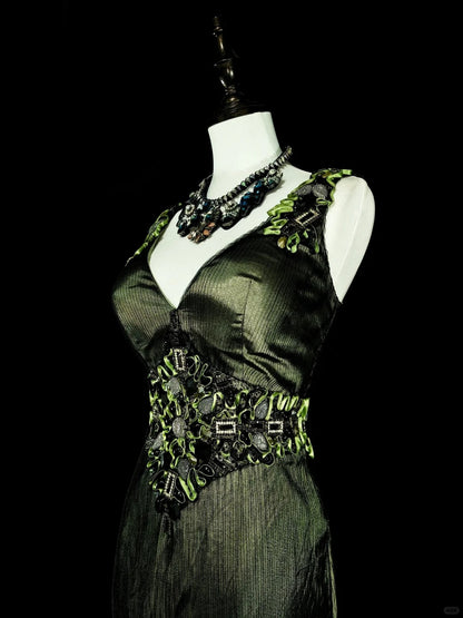 Vintage Prom Dresses Mermaid V Neck Olive Green Black Tulle With Beaded 90s Long Formal Gown N2716