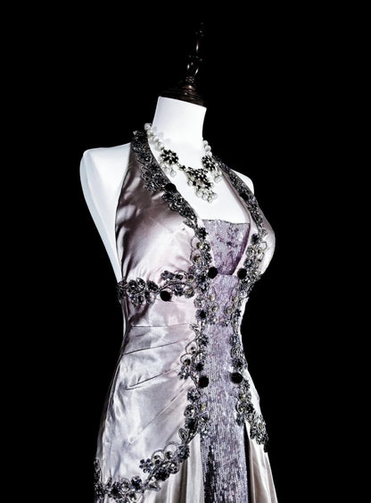 Vintage-Abendkleider, ästhetisches Meerjungfrauen-Neckholderkleid, silbergrauer Taft, klassisches Partykleid mit Kristallen und Strasssteinen, N2000