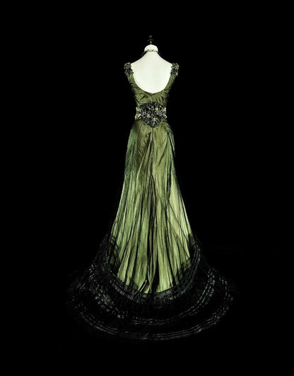 Vintage Prom Dresses Mermaid V Neck Olive Green Black Tulle With Beaded 90s Long Formal Gown N2716