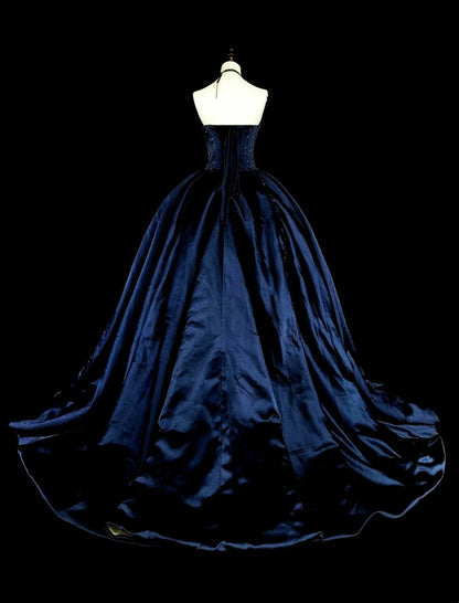 Robe de bal vintage bleu marine en tulle, décolleté cœur, style années 80, robe de soirée formelle, robe de bal longue N1755