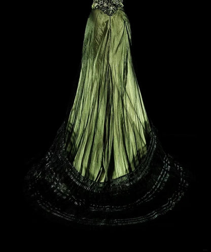 Vintage Prom Dresses Mermaid V Neck Olive Green Black Tulle With Beaded 90s Long Formal Gown N2716