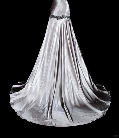 Vintage-Abendkleider, ästhetisches Meerjungfrauen-Neckholderkleid, silbergrauer Taft, klassisches Partykleid mit Kristallen und Strasssteinen, N2000