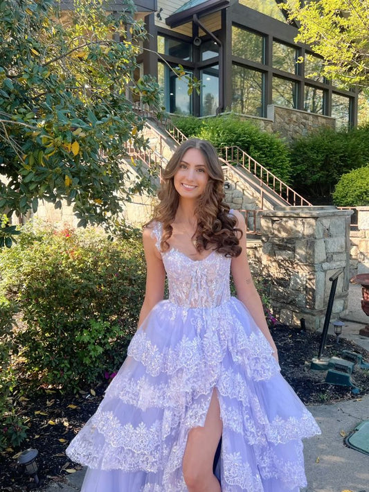 A-Line Lace Off-the-Shoulder Tiered Long Prom Dress with Slit Formal Evening Gowns AB501