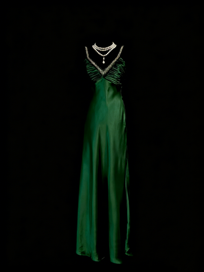 Vintage A Line V Neck Dark Green Satin Senior 80s Prom Dresses High School Long Formal Dress N1329