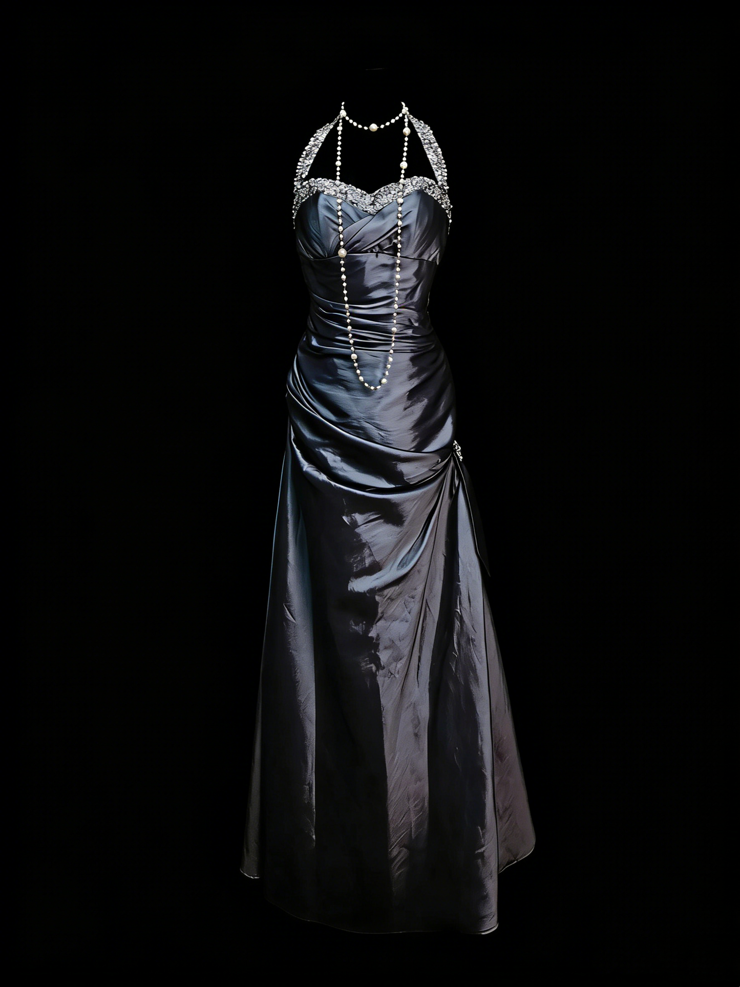 Robe de bal longue de soirée vintage sirène dos nu sans manches, style années 90, ornée de perles, référence N1386
