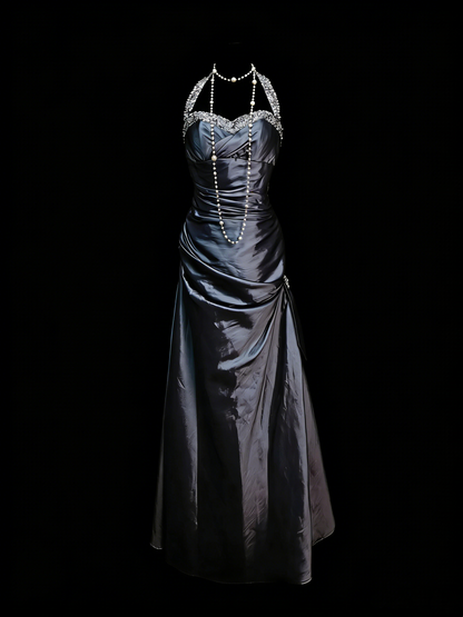 Robe de bal longue de soirée vintage sirène dos nu sans manches, style années 90, ornée de perles, référence N1386