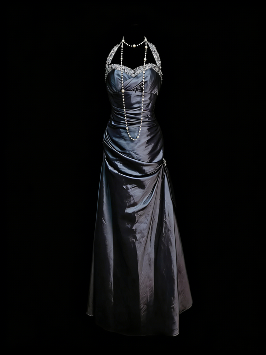 Vintage Meerjungfrauen-Neckholderkleid, ärmellos, 90er Jahre, mit Perlenbesatz, langes formelles Abendkleid N1386