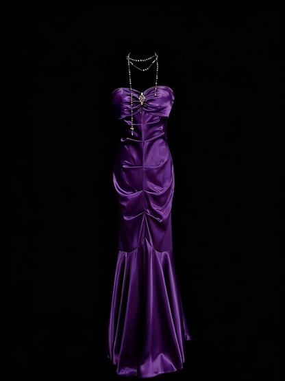 Vintage Meerjungfrauen-Abendkleid mit Herzausschnitt, ärmellos, aus weinrotem Satin, 80er-Jahre-Stil, langes formelles Abendkleid N1450