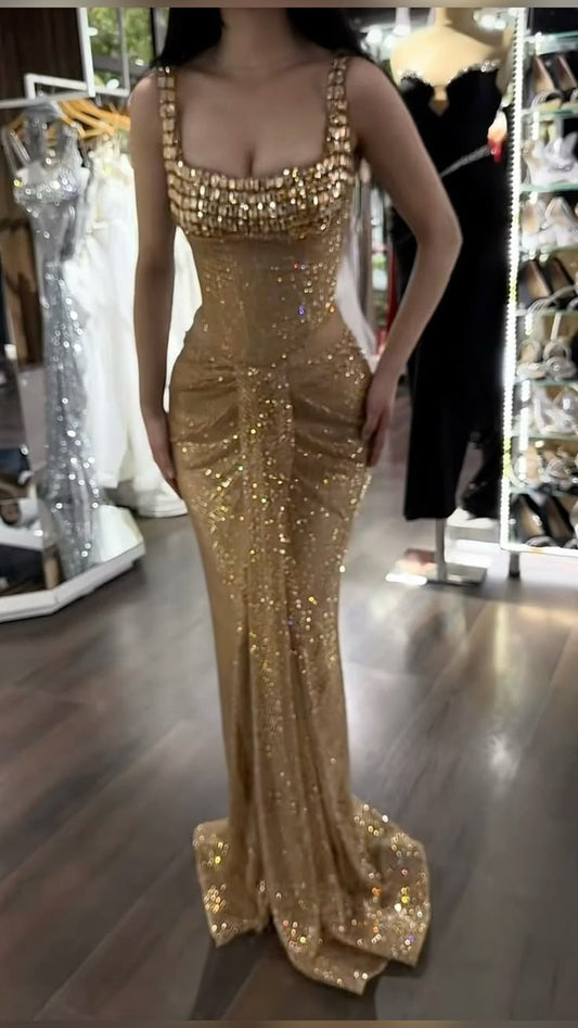 Glitter Mermaid Square Neck Gold Sequins With Gold Beadings Inspo Formal Party Gowns Long Prom Dresses AB1732