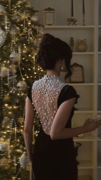 Robe de soirée en velours noir ornée de perles, robe de fête, robe de bal d'anniversaire AB1634