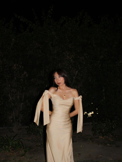 Robe de bal sirène en satin champagne à épaules dénudées, tenue de soirée pour 18 ans, RB1955