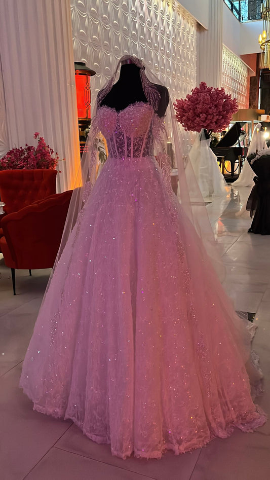 Elegantes Ballkleid mit Herzausschnitt, rosa Pailletten und Spitze, verziert mit Perlen, Partykleid, Abendkleid AB1096