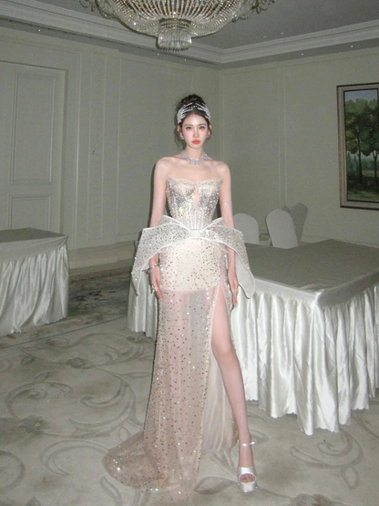 Funkelndes Meerjungfrauen-Abendkleid mit Champagner-Schlitz und Herzausschnitt – Ästhetisches langes Abschlussballkleid N079