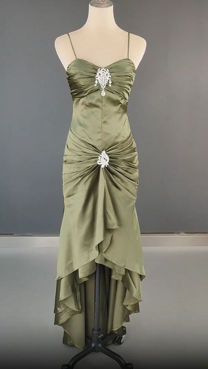 Elegantes, dunkelgrünes, langes Meerjungfrauen-Abendkleid aus Satin mit Spaghettiträgern – Wunderschönes Abendkleid N1782