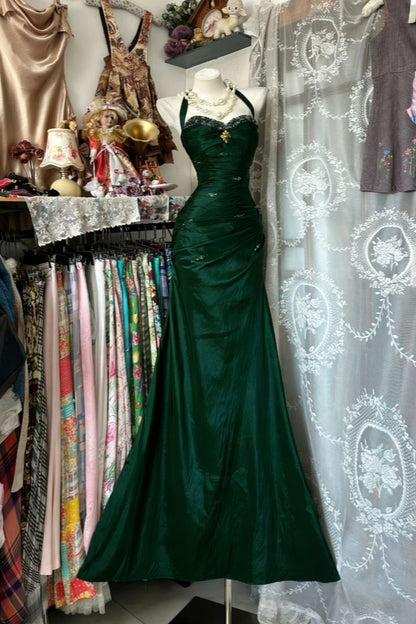 Vintage Neckholder Etuikleid, langes Ballkleid, perlenbesetzter Satin, blaues Abendkleid, ärmelloses Geburtstagskleid N1781