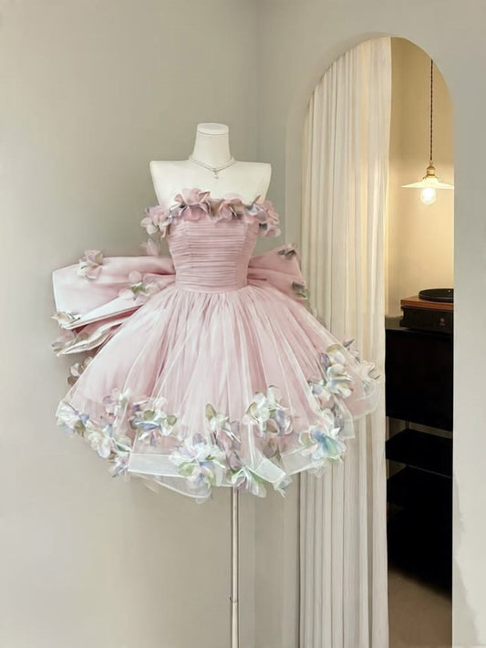 Pretty Ball Gown Strapless Pink With Appliqued Lace Graduation Inspo Short 15th Birthday Outfits Homecoming Dresses RB3179