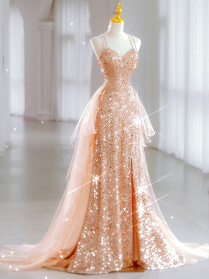 Luxury Evening Dresses Train Bride Beach Party Gold Sequins Douber Straps Prom Dresses Formal Gowns AB520