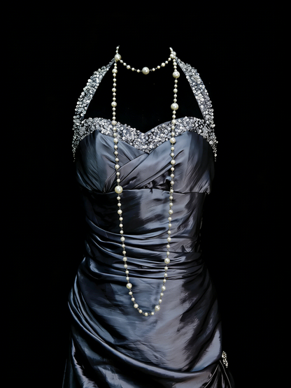 Robe de bal longue de soirée vintage sirène dos nu sans manches, style années 90, ornée de perles, référence N1386