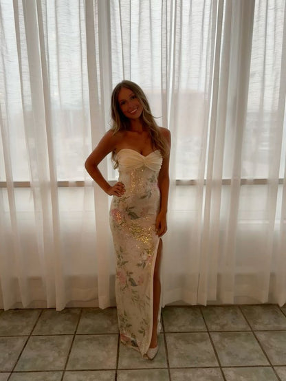 Bezauberndes Meerjungfrauen-Kleid mit Schlitz, floralem Paillettenbesatz, ärmellos, lang, inspiriert von Hochzeiten, als Gästekleider oder Geburtstagskleider N1538