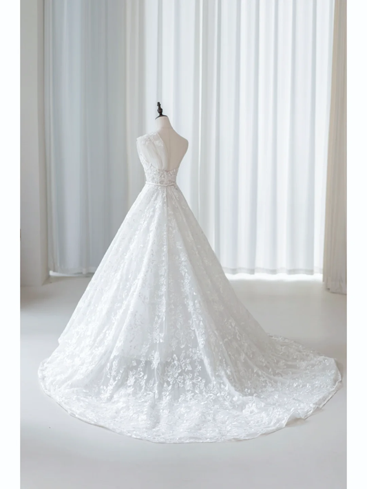 Simple Ball Gown One Shoulder Tulle Lace White Fit And Flare Long Floor Length Pleats Wedding Dress AB1007