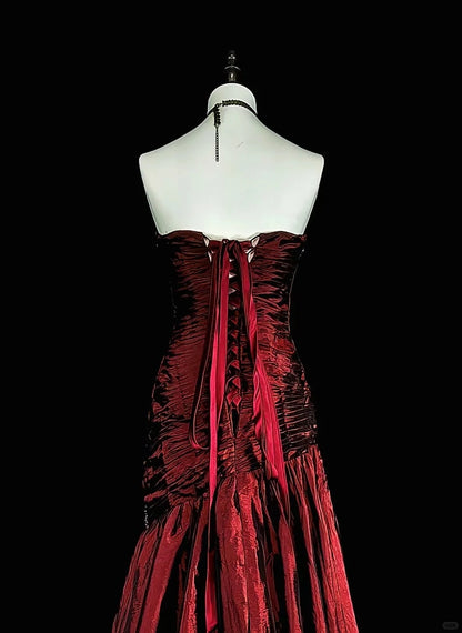 Vintage Prom Dresses Meerjungfrau Trägerlos Dunkelburgunder Satin mit Perlenstickerei 1980er Lange Abendrobe N2708