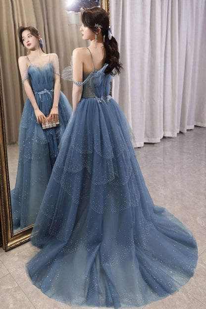 Robe de bal somptueuse en tulle bleu scintillant ornée de perles, robe de soirée à volants et strass AB2197