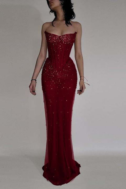 Modest Mermaid Strapless Wine Red Sequin Burgundy Prom Dresses With Beads Evening Party Formal Gown 17th Birthday Outfits AB804