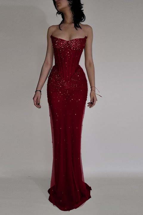 Modest Mermaid Strapless Wine Red Sequin Burgundy Prom Dresses With Beads Evening Party Formal Gown 17th Birthday Outfits AB804